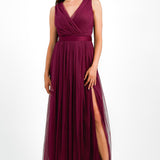 Anaya Wrap Front Maxi Tulle Dress In Red Plum