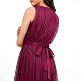 Anaya Wrap Front Maxi Tulle Dress In Red Plum