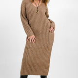 ASOS DESIGN Knitted V Neck Maxi Dress In Rib In Camel