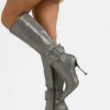 Steve Madden Priyanka Knee Boots With Buckle In Metallic Pewter