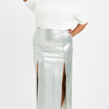 Topshop Curve Vinyl Double Split Midi Skirt In Silver