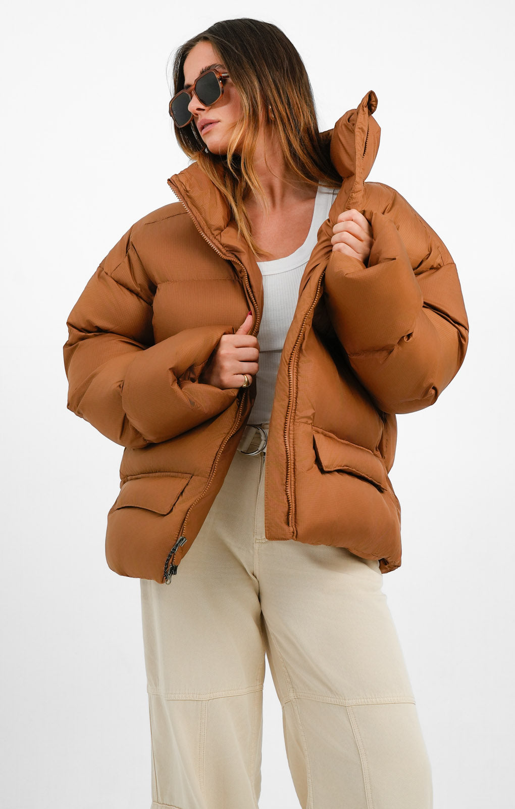 Brown down coat with hood best sale