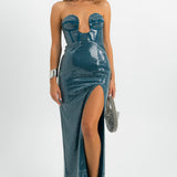 ASOS DESIGN Allover Sequin Corset Bandeau Maxi Dress With Split Detail In Petrol Blue