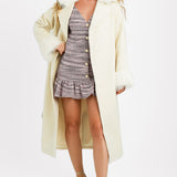 Threadbare Blair Formal Maxi Coat With Tie Waist And Faux Fur Trims In White