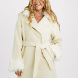 Threadbare Blair Formal Maxi Coat With Tie Waist And Faux Fur Trims In White