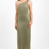 SNDYS One Shoulder Satin Maxi Dress In Olive