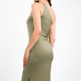 SNDYS One Shoulder Satin Maxi Dress In Olive