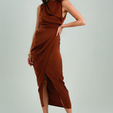 ASOS DESIGN Tall Satin Drape Dress With Wrap Skirt In Chocolate