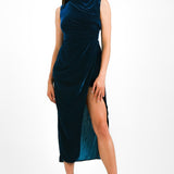 ASOS DESIGN Velvet Drape Midi Dress With Wrap Skirt In Navy