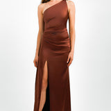 Pretty Lavish Amelia Ruched One Shoulder Satin Maxi Dress In Deep Brown