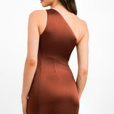 Pretty Lavish Amelia Ruched One Shoulder Satin Maxi Dress In Deep Brown