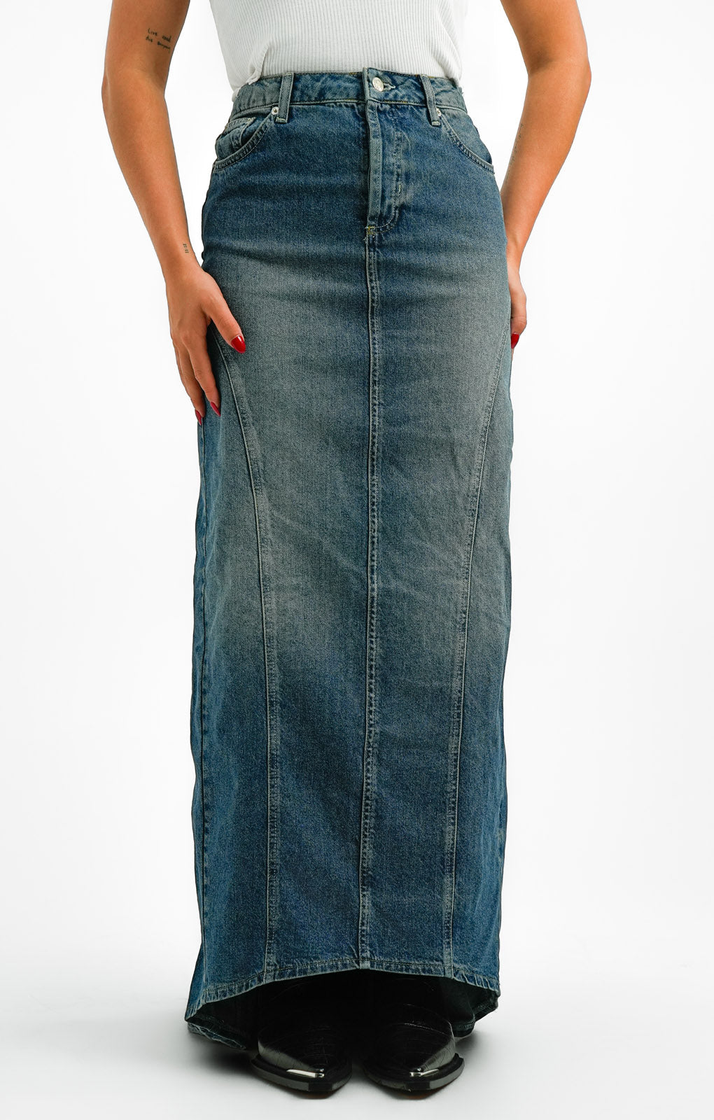 Topshop Denim Fishtail Maxi Skirt In Indigo