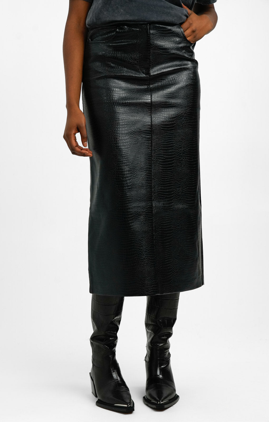 Black midi leather look skirt best sale