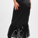 Topshop Satin Lace Mix Fishtail Maxi Skirt In Black