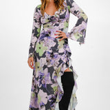 Sisters of the Tribe Floral Print Long Fluted Sleeve Ruffle Maxi Dress In Multi