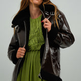 Urbancode Patent Longline Aviator Jacket With Borg Trims In Chocolate Brown