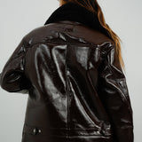 Urbancode Patent Longline Aviator Jacket With Borg Trims In Chocolate Brown