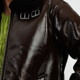 Urbancode Patent Longline Aviator Jacket With Borg Trims In Chocolate Brown