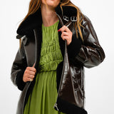 Urbancode Patent Longline Aviator Jacket With Borg Trims In Chocolate Brown