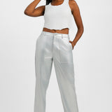 Extro & Vert High Waisted Leather Look Trousers In Silver