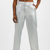 Extro & Vert High Waisted Leather Look Trousers In Silver