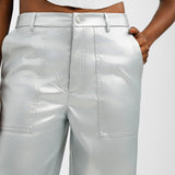 Extro & Vert High Waisted Leather Look Trousers In Silver