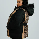 Threadbare Plus Ski Belted Coat With Faux Fur Hood In Leopard Print