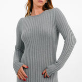 Flared Ribbed Knitted Midi Dress In Grey