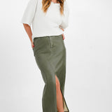 ASOS DESIGN Faux Leather Split Front Maxi Skirt In Washed Khaki