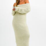 Labelrail x Holly Marston Fold Over Shoulder Maxi Knit Dress In Cream