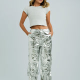 Amy Lynn Y2K Liquid Combat Trouser In High Shine Metallic Silver Co-Ord