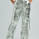 Amy Lynn Y2K Liquid Combat Trouser In High Shine Metallic Silver Co-Ord