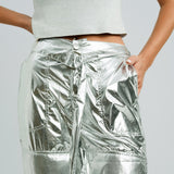 Amy Lynn Y2K Liquid Combat Trouser In High Shine Metallic Silver Co-Ord