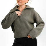 Merino Wool Blend Knitted Chunky Rib Half Zip Sweater In Taupe