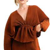 ASOS EDITION Plisse Volume Sleeve Plunge Neck Top In Rust