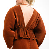 ASOS EDITION Plisse Volume Sleeve Plunge Neck Top In Rust