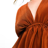 ASOS EDITION Plisse Volume Sleeve Plunge Neck Top In Rust