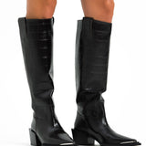 Topshop Rio Leather Western Style Knee High Boot In Choc Croc