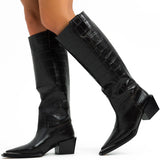 Topshop Rio Leather Western Style Knee High Boot In Choc Croc