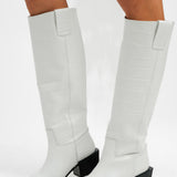 Topshop Rio Leather Western Style Knee High Boot In White Croc