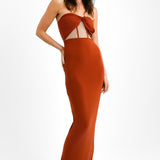 ASOS DESIGN Tall Drape Twist Front Bandeau Maxi Dress With Invisible Mesh In Rust