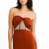 ASOS DESIGN Tall Drape Twist Front Bandeau Maxi Dress With Invisible Mesh In Rust