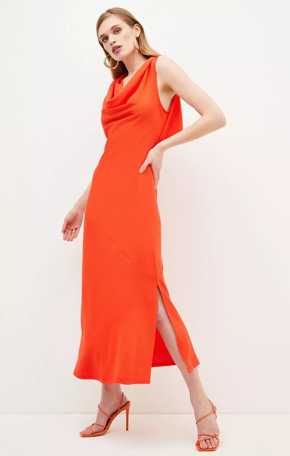 Karen Millen Red Fluid Crepe Cowl Neck Woven Midi Dress