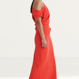 Nobody's Child Red Draped Off Shoulder Katty Midi Dress