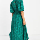 ASOS DESIGN High Neck Pleated Chevron Dobby Midi Dress With Puff Sleeve In Forest Green