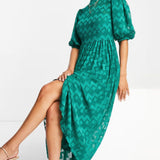 ASOS DESIGN High Neck Pleated Chevron Dobby Midi Dress With Puff Sleeve In Forest Green