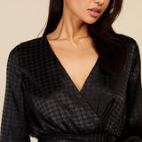 Little Mistress Black Satin Houndstooth Mock Wrap Midaxi