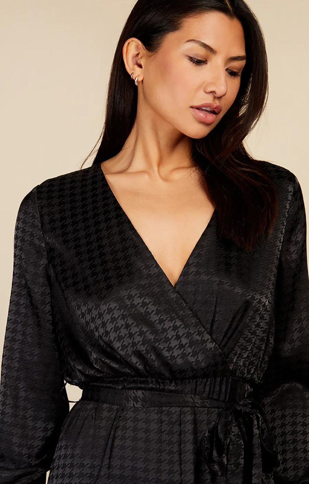 Little Mistress Black Satin Houndstooth Mock Wrap Midaxi