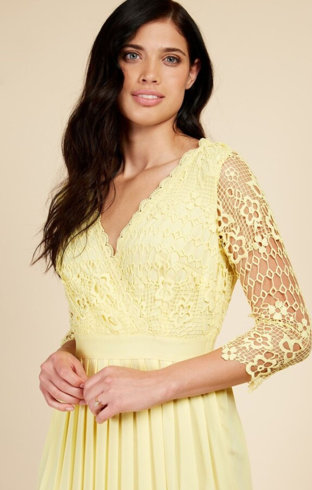 Rent Little Mistress Tandi Lemon Zest Crochet Lace Pleated Midaxi Dress Hirestreet