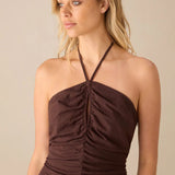 Ro&Zo Brown Halter Ruched Front Linen Blend Dress